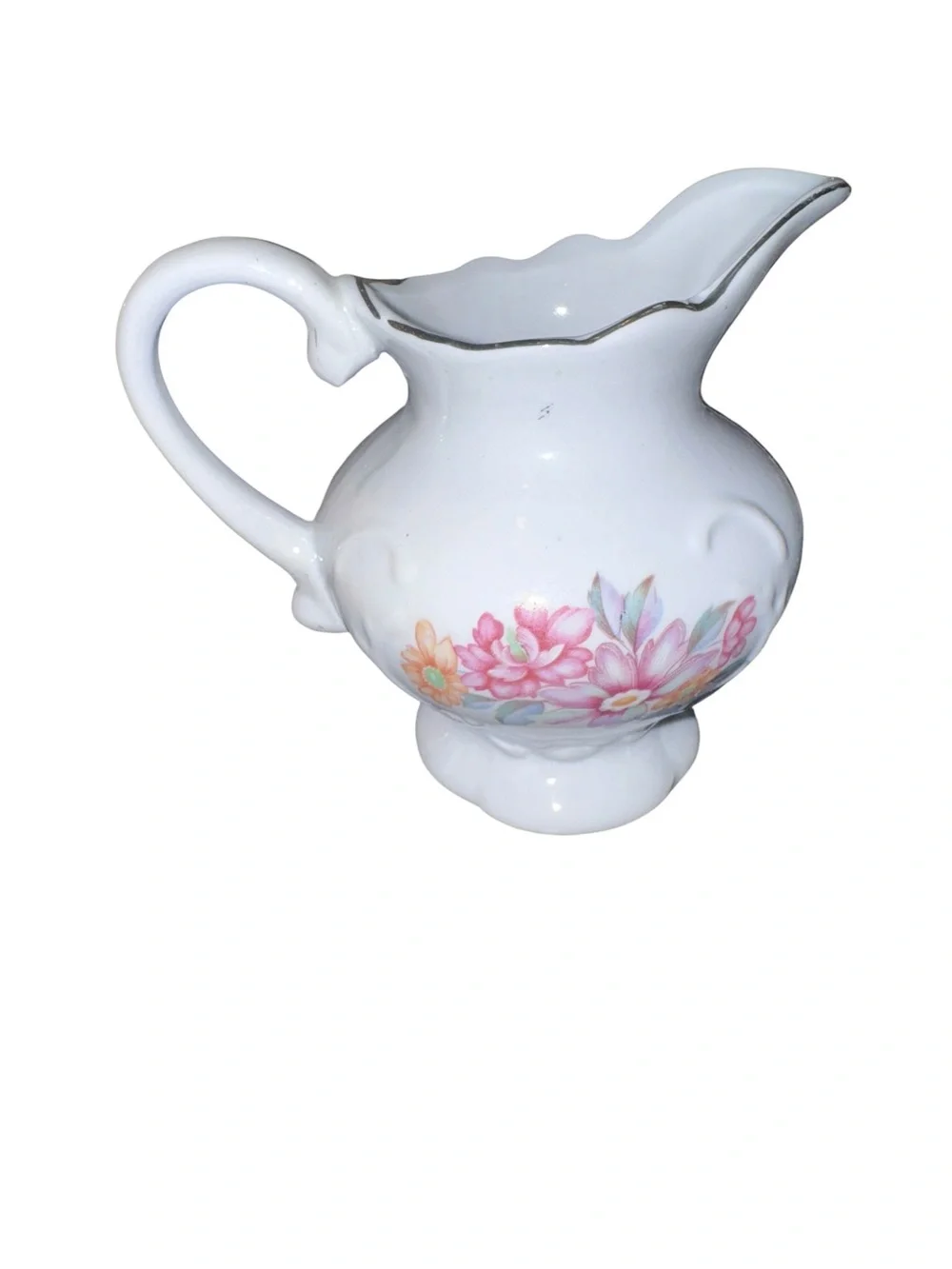 Vintage White Porcelain Floral Creamer Silver Trim Scalloped Rim